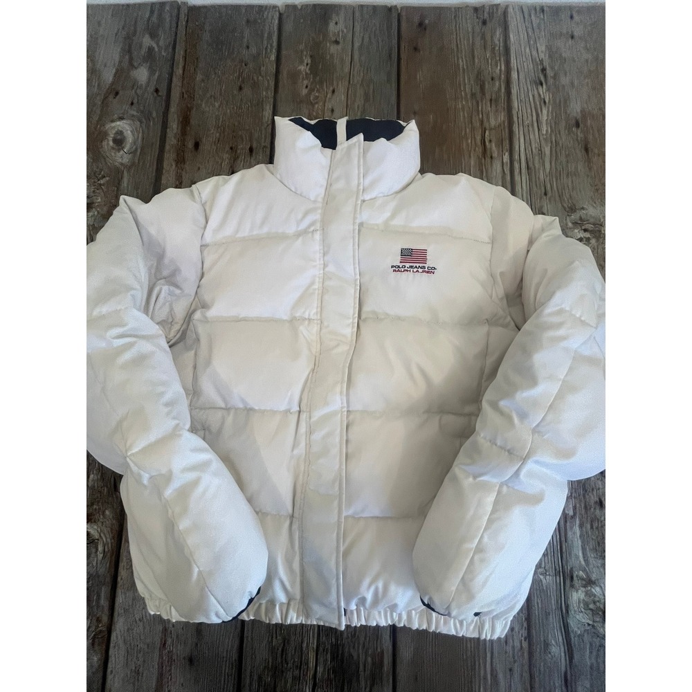 Polo Jeans Co Ralph Lauren White Puffer Jacket American Flag Logo Mens Large